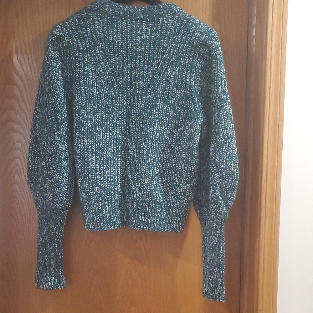Elegant Teal Knit Sweater, VERONICA BEARD ROOPA PUFF-SLEEVED SWEATHER - Picture 5 of 10